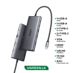UGREEN 11-in-1 Hub Type-C To HDMI 4k 60Hz/ VGA / Typec-C Data /2 * USB 3.0 / RJ45 Gigabit / SD/TF / AUX3.5mm/ – 1 Year Warranty