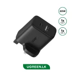 UGREEN 20W Type-C + USB A Port Fast Charger UK Pin (Black)- X227 – 45304 – 1 Year Warranty