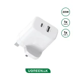 UGREEN 20W Type-C + USB A Port Fast Charger UK Pin (White) – X227 – 45315 – 1 Year Warranty
