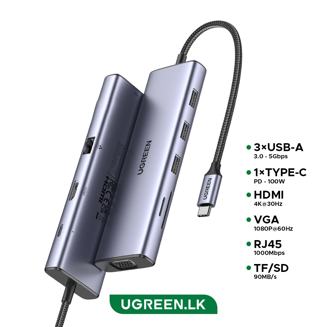 UGREEN-9-in-1-Type-C-Multifunction-Hub-Type-C-to-3xUSB-A-30-HDMI-VGA-RJ45-Gigabit-SDTF-PD-CM498-15600-1-Year-Warranty-ugreenlk_ UGREEN 9 – in -1 Type-C Multifunction Hub – 1 Year Warranty - Image 1