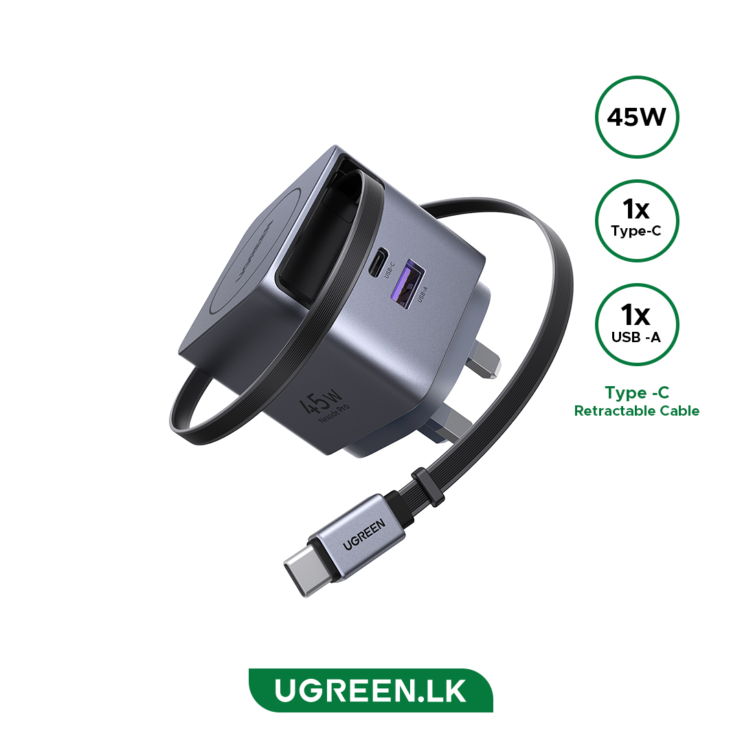 X614--65823 UGREEN 45W Nexode Pro GaN (USB-A*1 + Type-C*1) Fast Charger with Retractable Cable – X614 – 65823 – 1 Year Warranty - Image 1